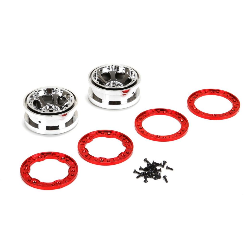 NCR2.0 - Jantes 2,2  Beadlock, chrom&eacute;es avec anneaux rouges (2) - HORIZON HOBBY - R&eacute;f&eacute;rence: LOS43005