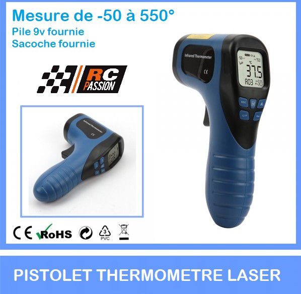 Pistolet laser pour mesure de temp&eacute;ratures (-50 &agrave; +550&deg; celcius) pile fournie + sacoche
