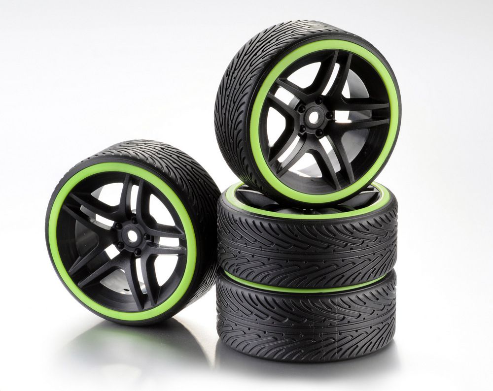 Train de roues Drift 10-Rayon \ Profile B\  Jante noir/Bague n&eacute;on jaune 1:10 (4) - WHEEL DEAL