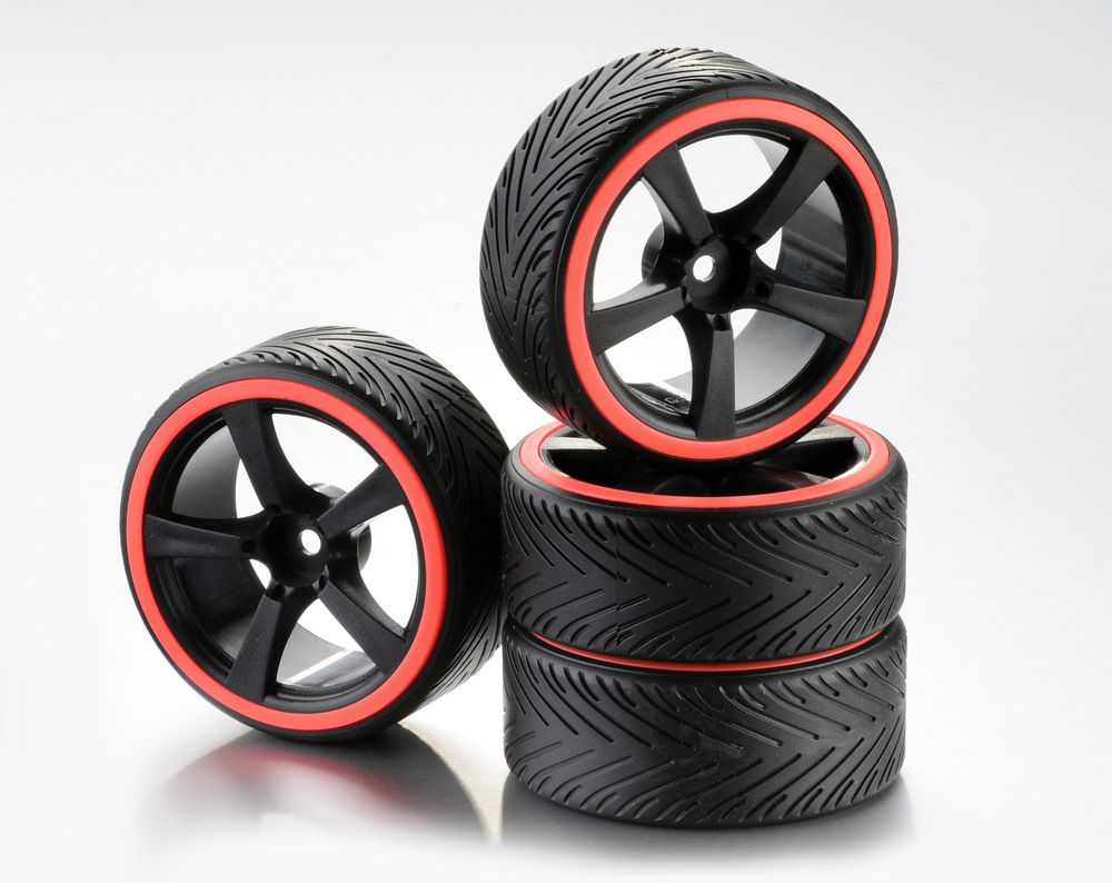 Train de roues Drift 5-Rayon \ Profile A\  Jante noir/Bague n&eacute;on orange 1:10 (4) - WHEEL DEAL