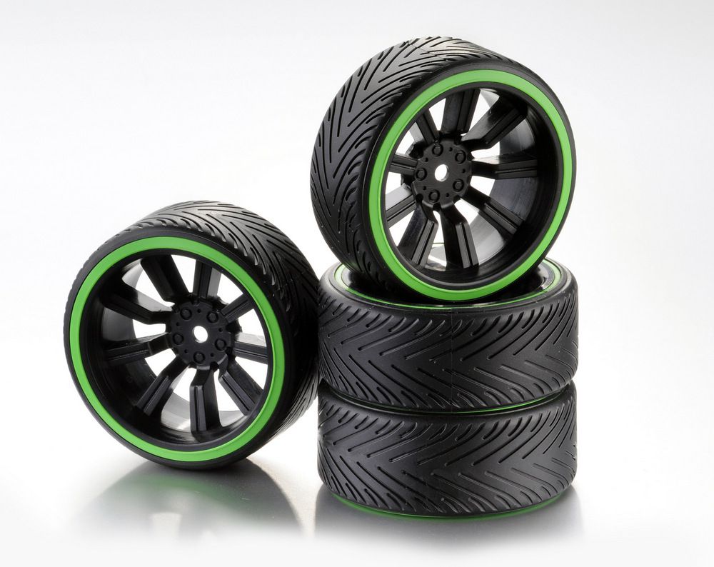 Train de roues Drift 9-Rayon \ Profile A\  Jante noir/Bague n&eacute;on vert 1:10 (4) - WHEEL DEAL