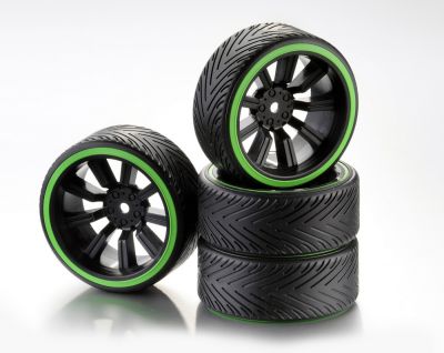 Train de roues Drift 9-Rayon \ Profile A\  Jante noir/Bague n�on vert 1:10 (4) - WHEEL DEAL