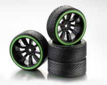 Train de roues Drift 9-Rayon \ Profile A\  Jante noir/Bague n&eacute;on vert 1:10 (4) - WHEEL DEAL