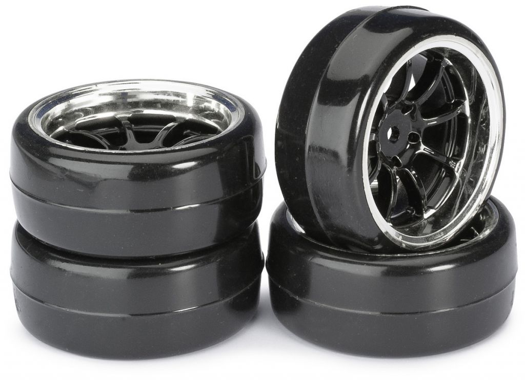 Train de roues Drift LP \ 9 battons/Profile A\  noir/chrom&eacute; 1/10&egrave;me (4pcs) - WHEEL DEAL